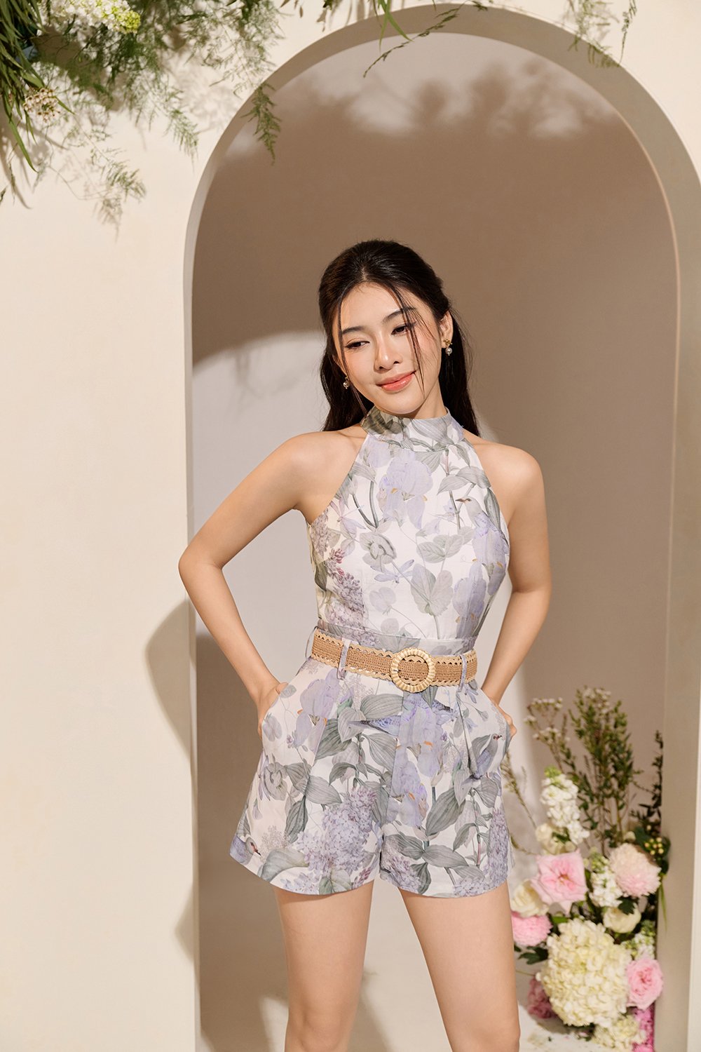 Ardelle High Waist Linen Shorts with Belt in White Whispering Lilac Grove