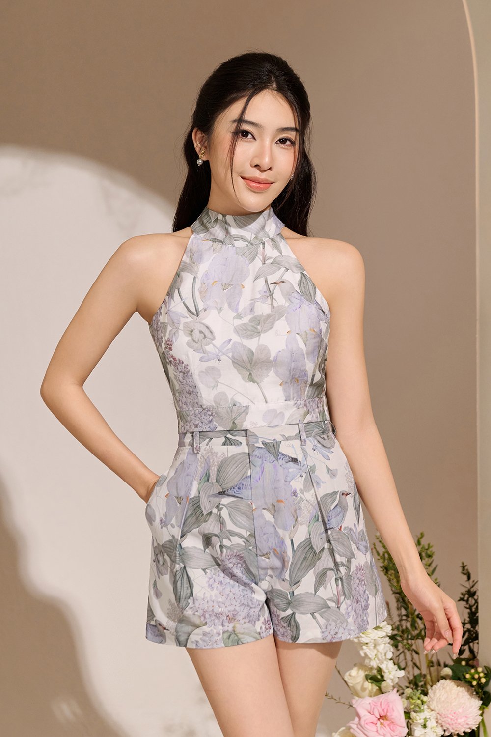 Ardelle High Waist Linen Shorts with Belt in White Whispering Lilac Grove