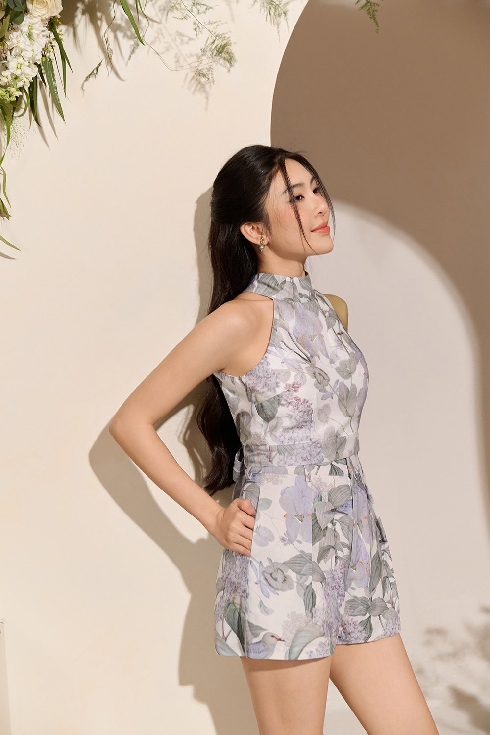 Ardelle High Waist Linen Shorts with Belt in White Whispering Lilac Grove