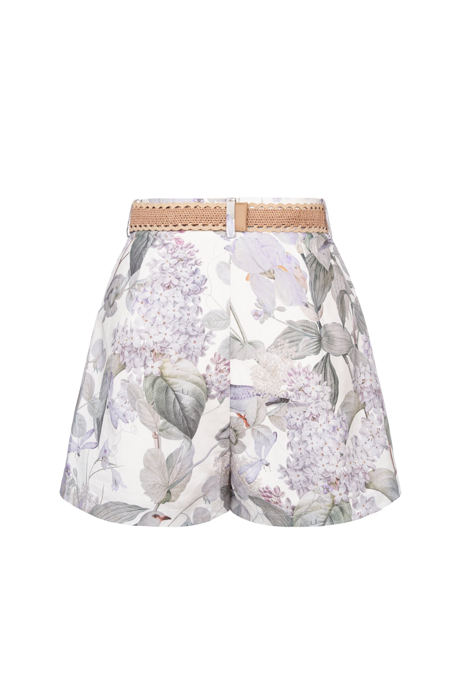 Ardelle High Waist Linen Shorts with Belt in White Whispering Lilac Grove