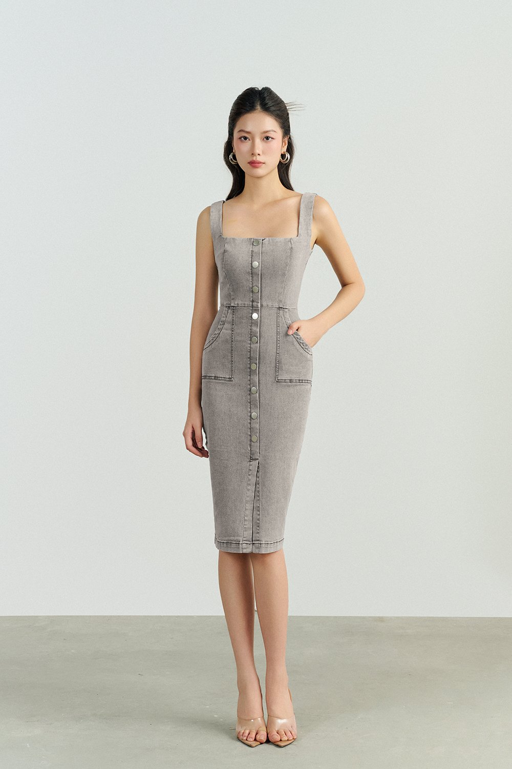 Brynne Denim Pencil Dress in Grey Wash