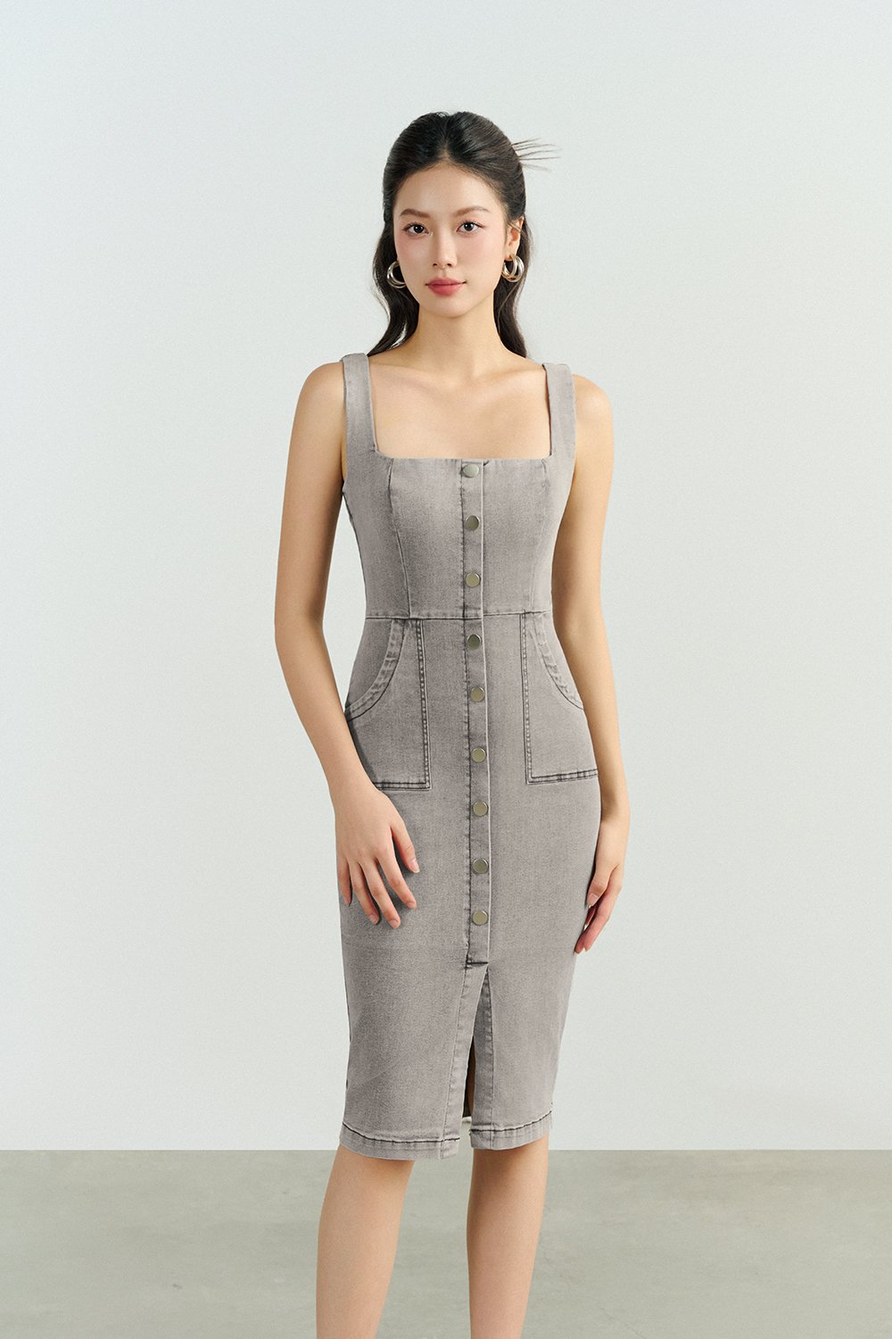 Brynne Denim Pencil Dress in Grey Wash