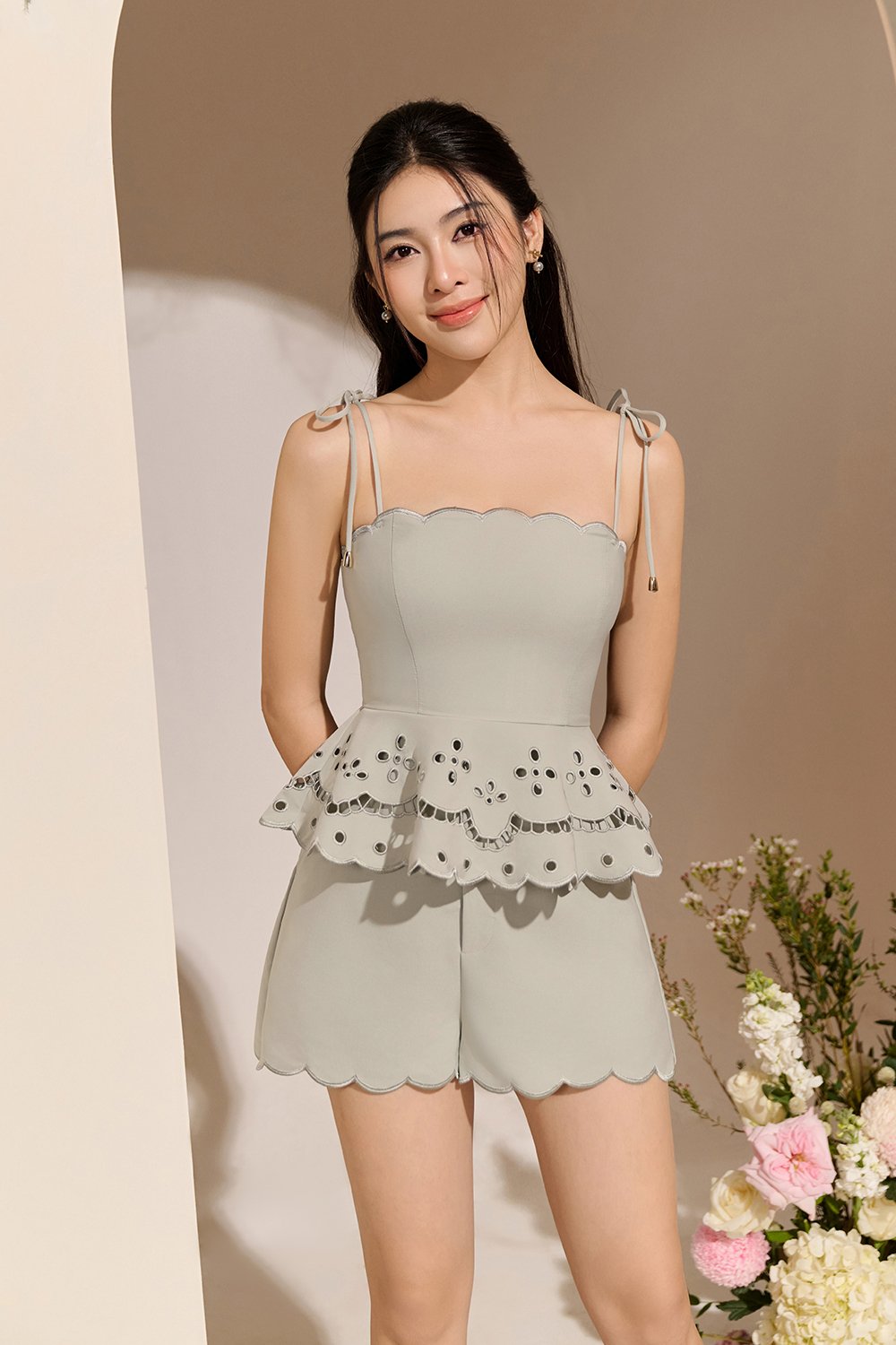 Cecily High Waisted Scallop Shorts in Light Sage