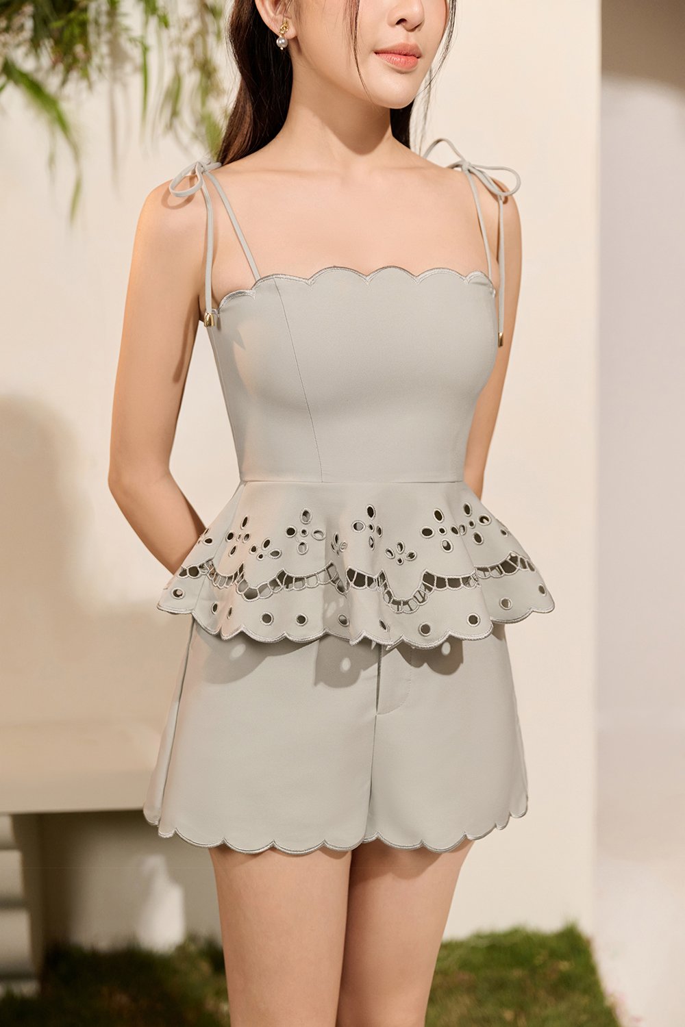 Cecily High Waisted Scallop Shorts in Light Sage