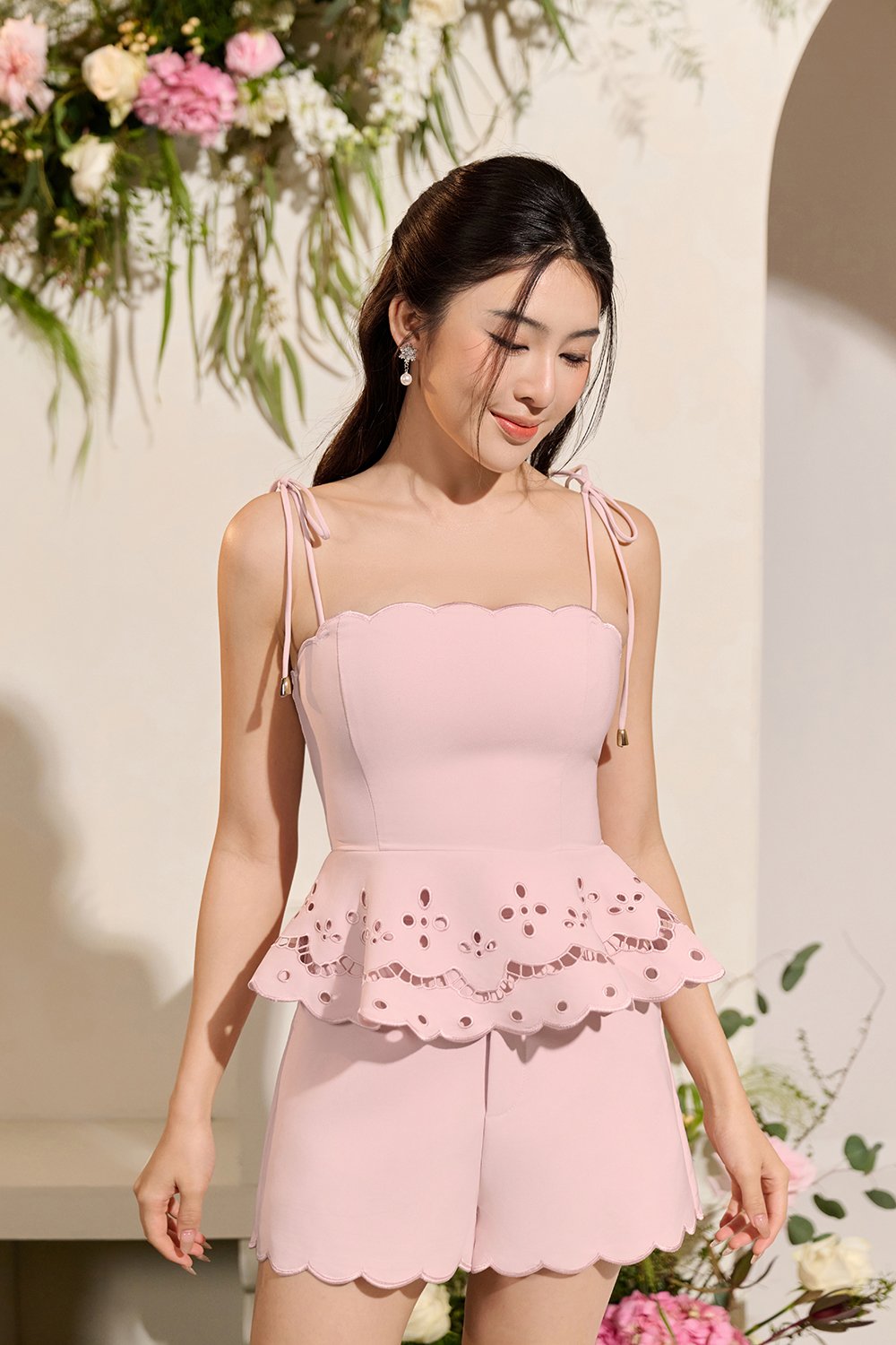 Cecily High Waisted Scallop Shorts in Soft Blush