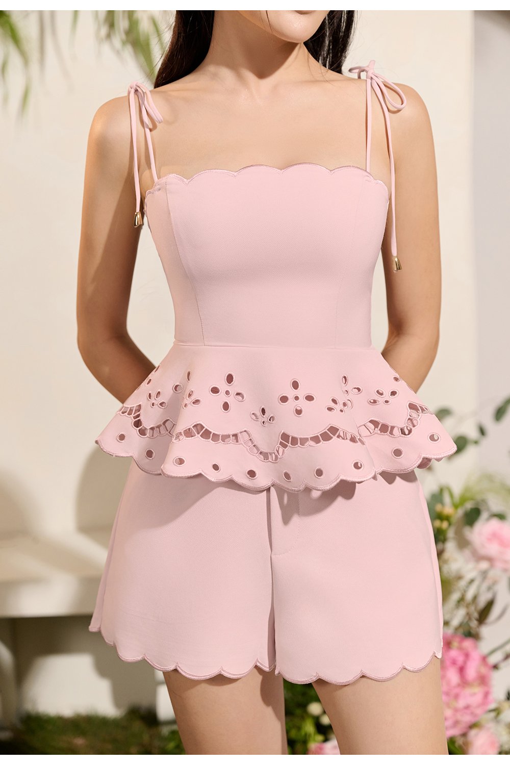 Cecily High Waisted Scallop Shorts in Soft Blush