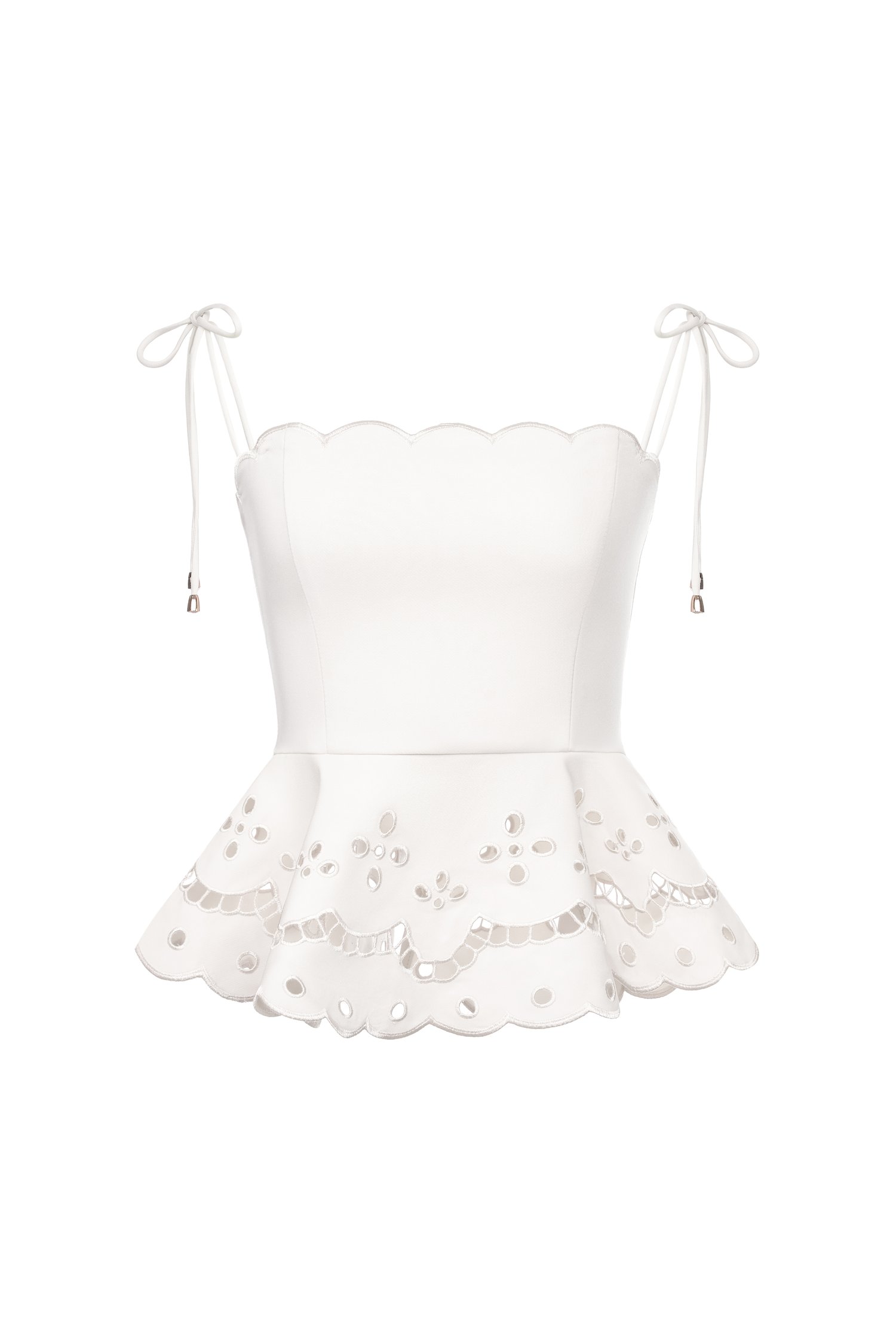 Cecily Ribbon Tie Embroidered Scallop Peplum Top in Iconic White