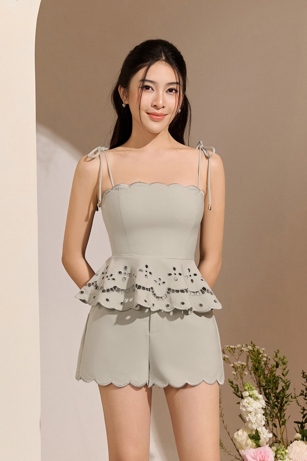 Cecily Ribbon Tie Embroidered Scallop Peplum Top in Light Sage