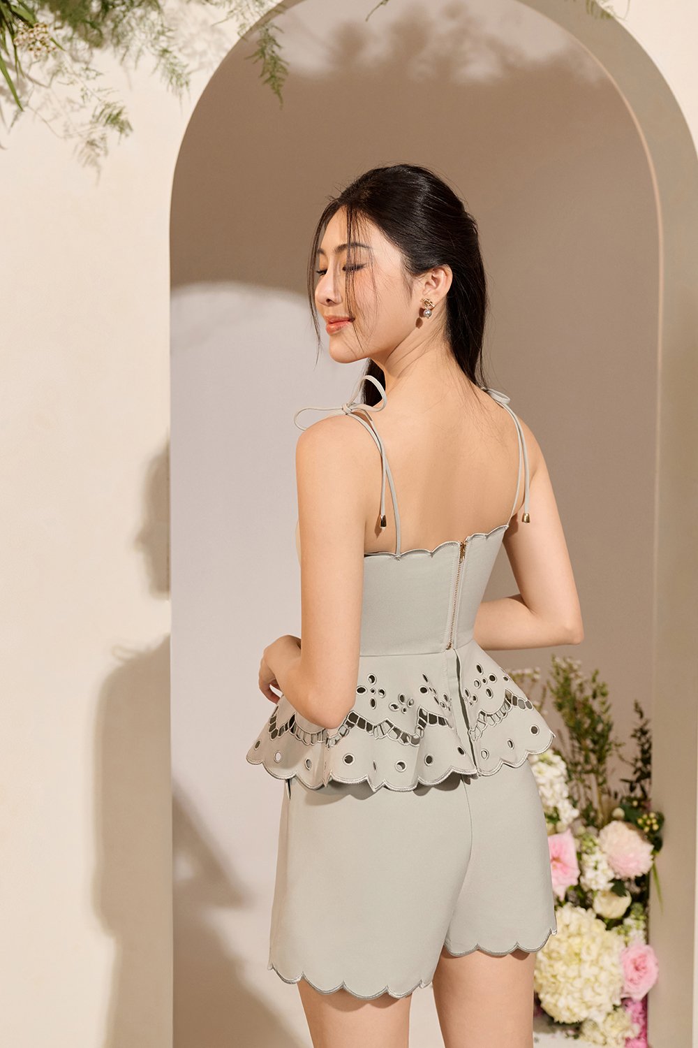 Cecily Ribbon Tie Embroidered Scallop Peplum Top in Light Sage