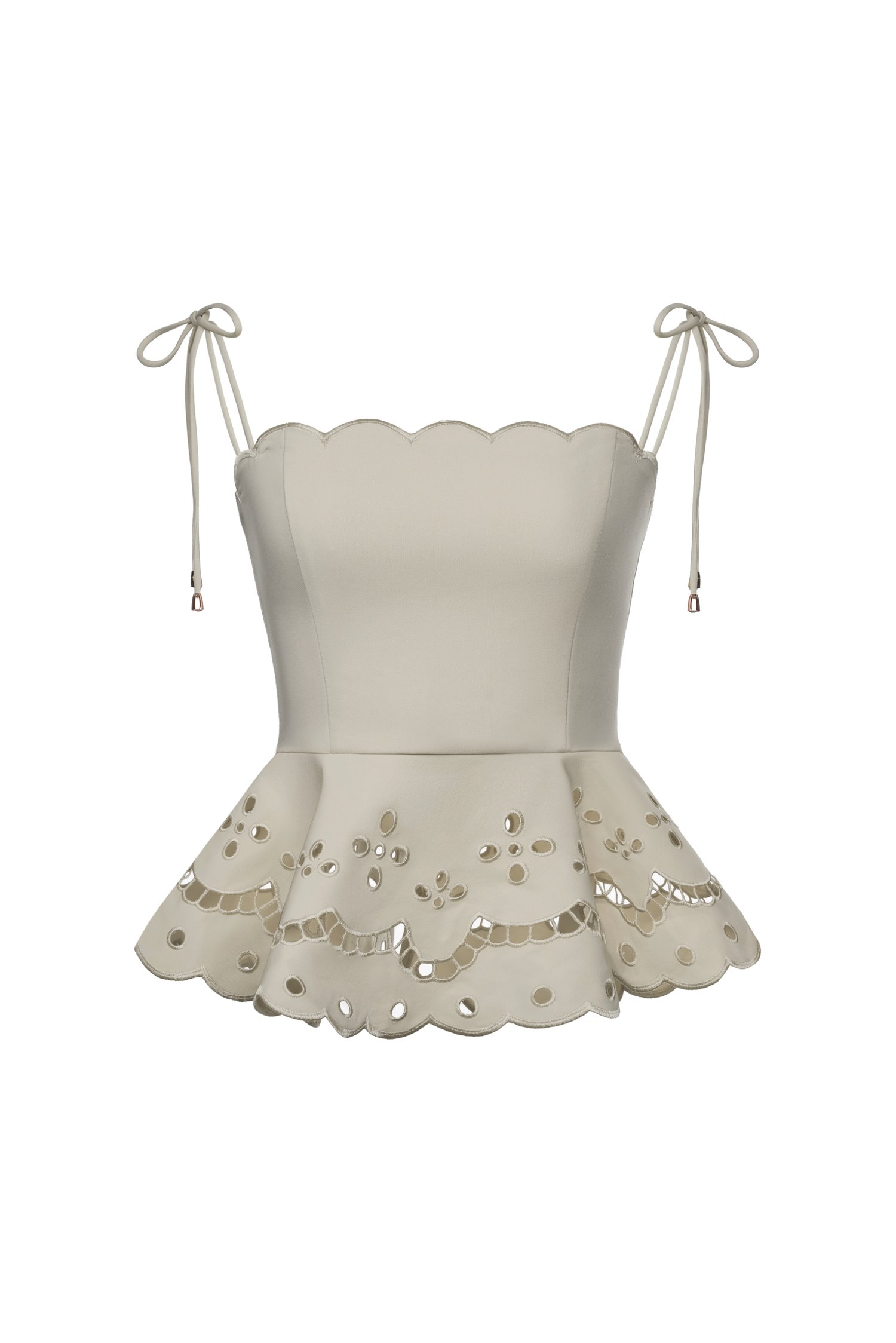 Cecily Ribbon Tie Embroidered Scallop Peplum Top in Light Sage