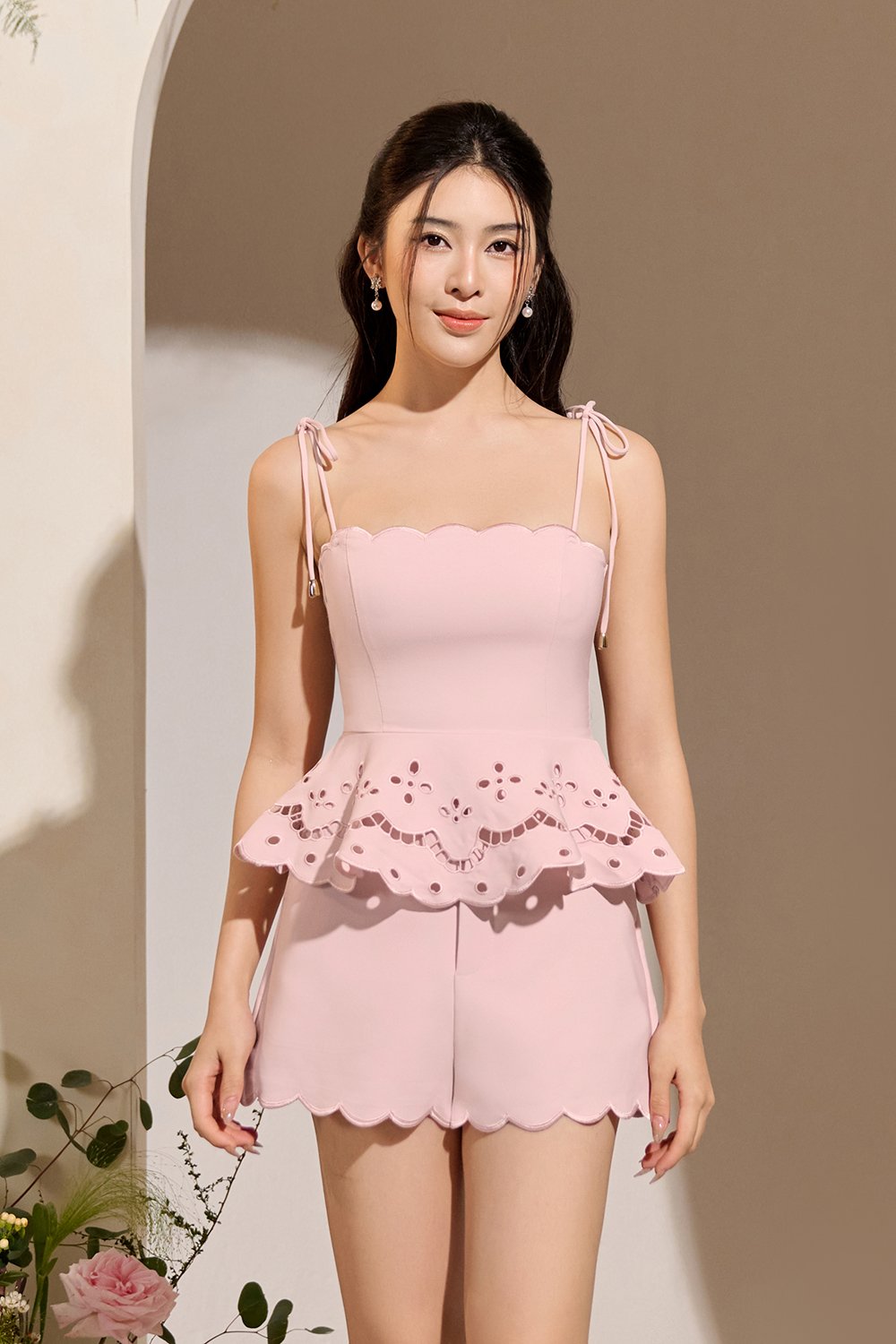 Cecily Ribbon Tie Embroidered Scallop Peplum Top in Soft Blush