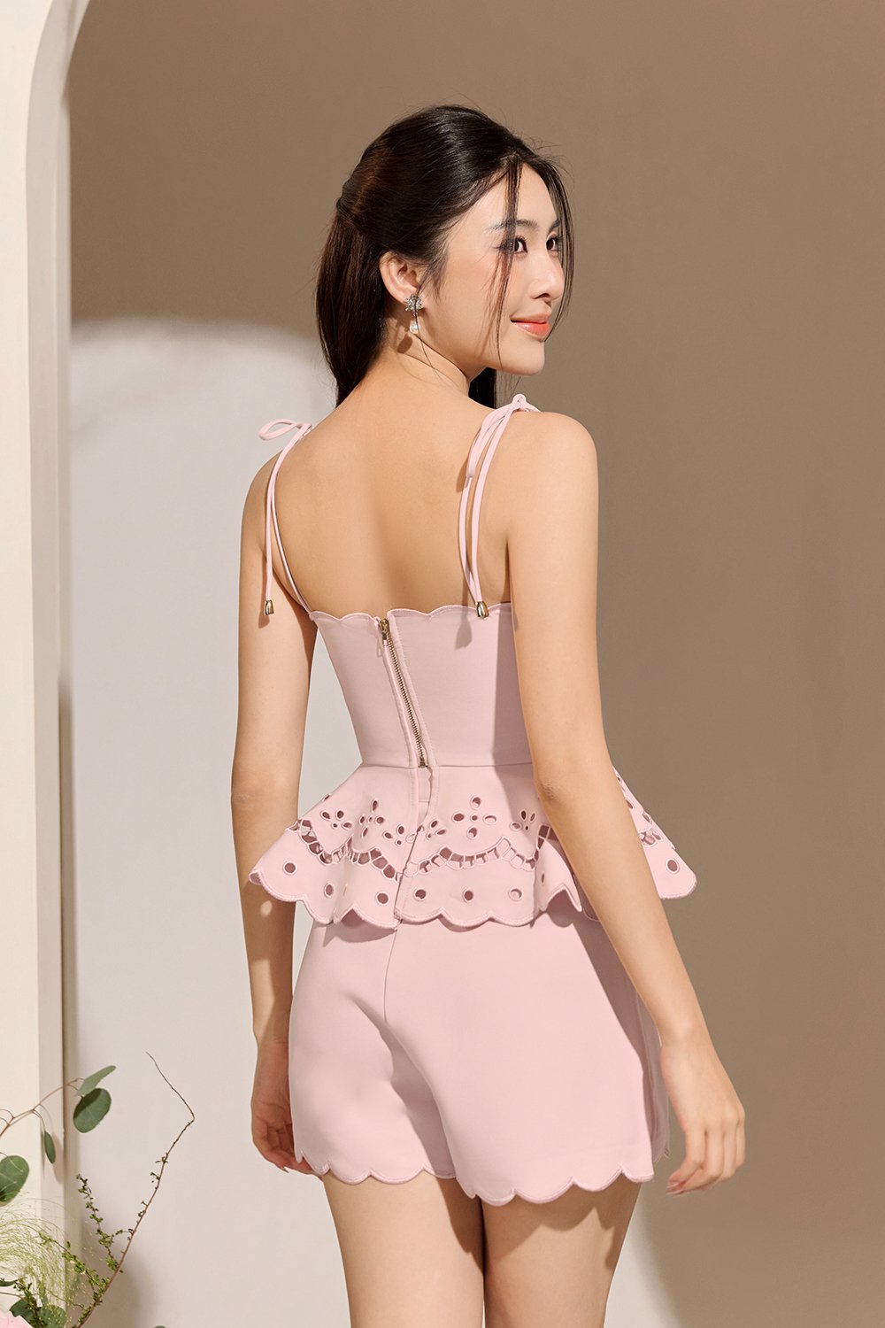 Cecily Ribbon Tie Embroidered Scallop Peplum Top in Soft Blush