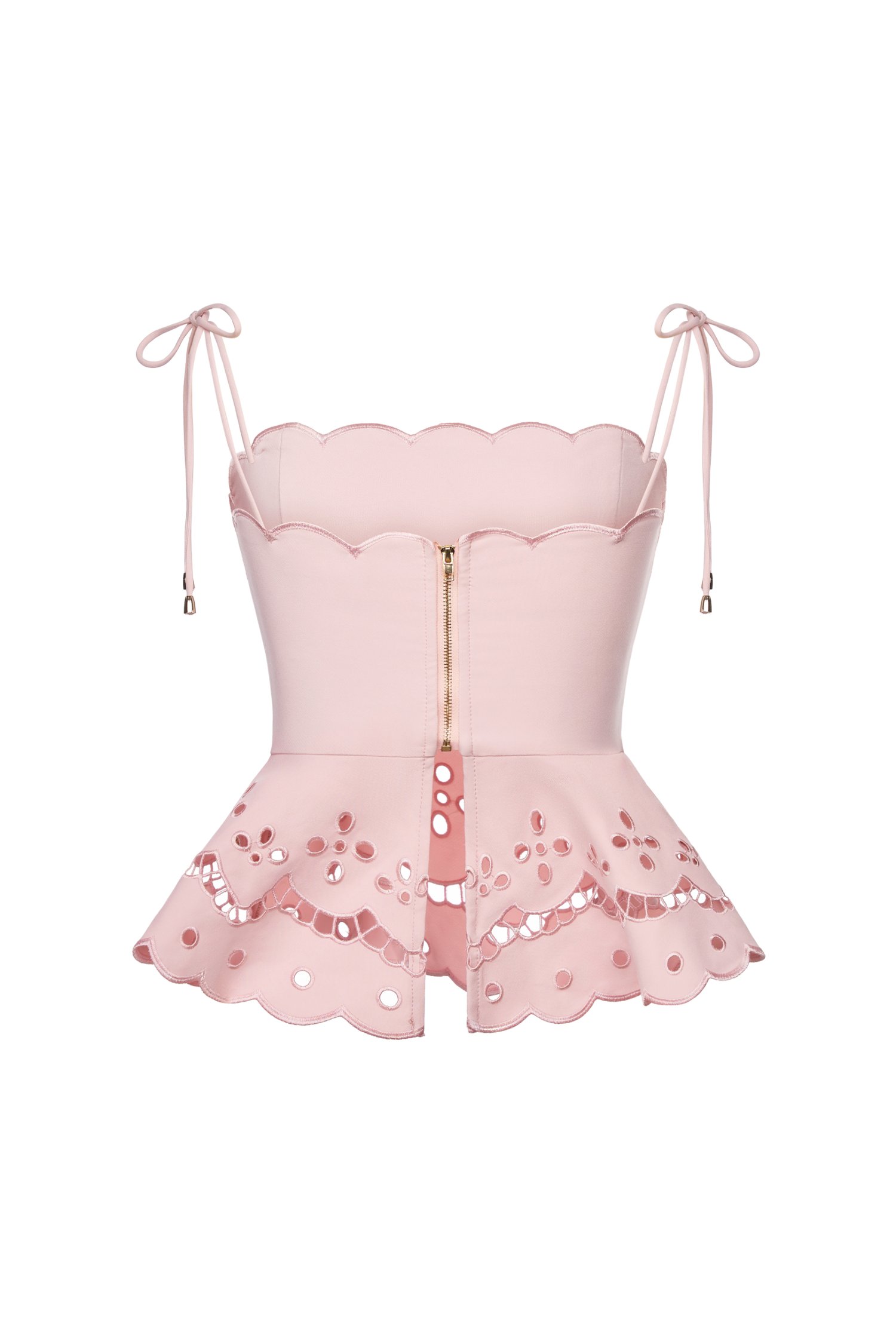 Cecily Ribbon Tie Embroidered Scallop Peplum Top in Soft Blush