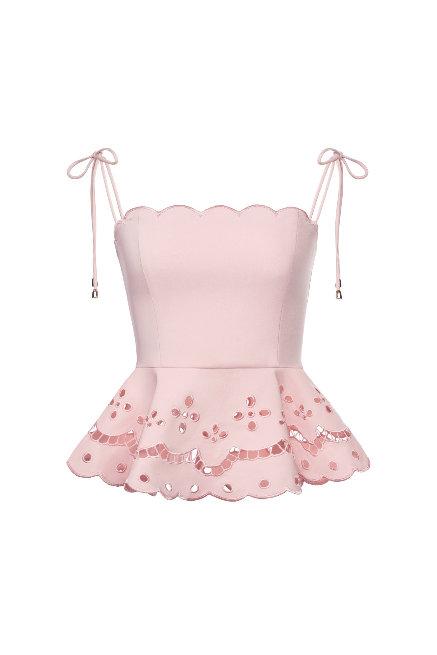 Cecily Ribbon Tie Embroidered Scallop Peplum Top in Soft Blush