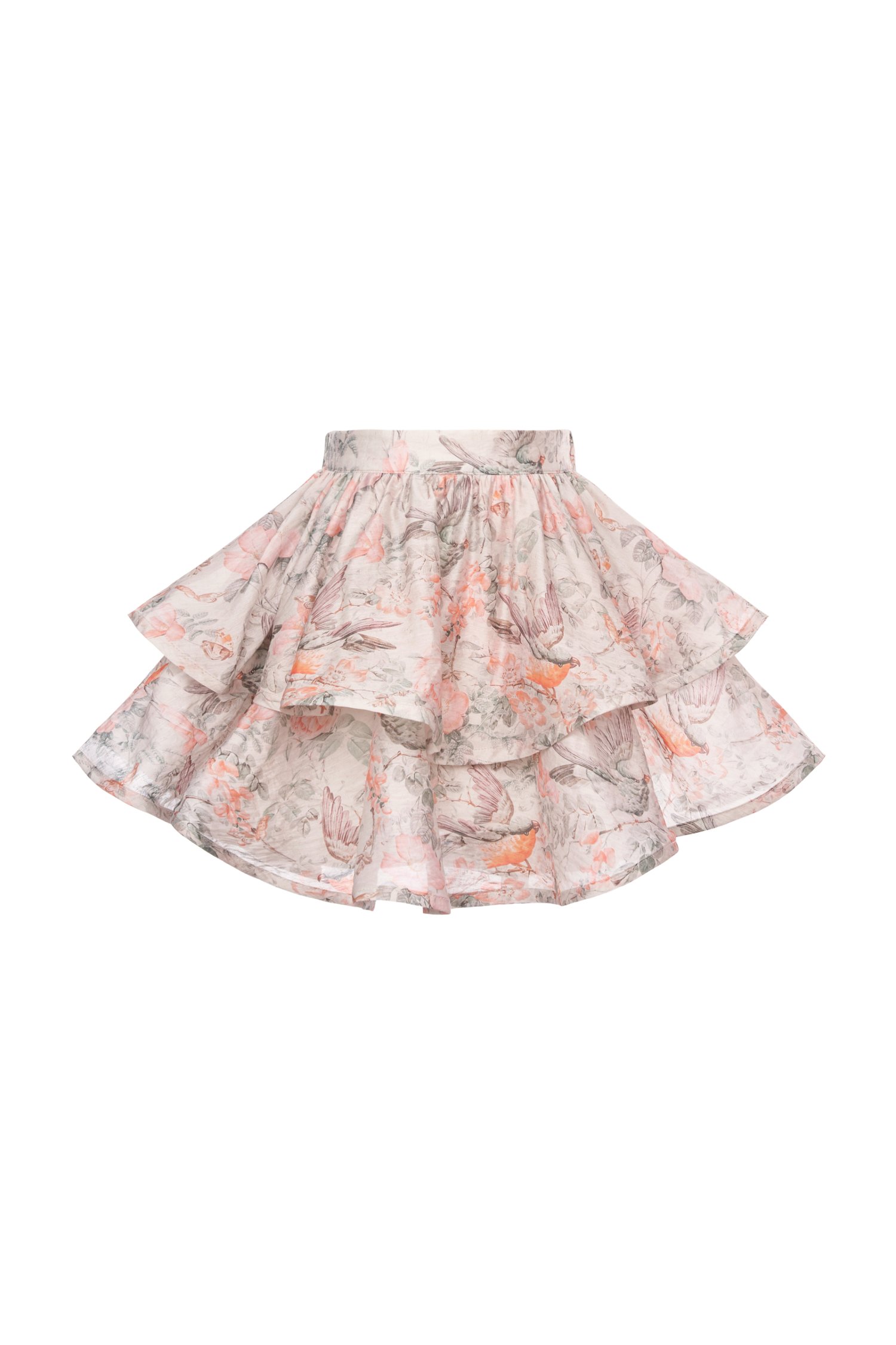 Corinne Tiered Mini Skirt in Greige Songbird Symphony