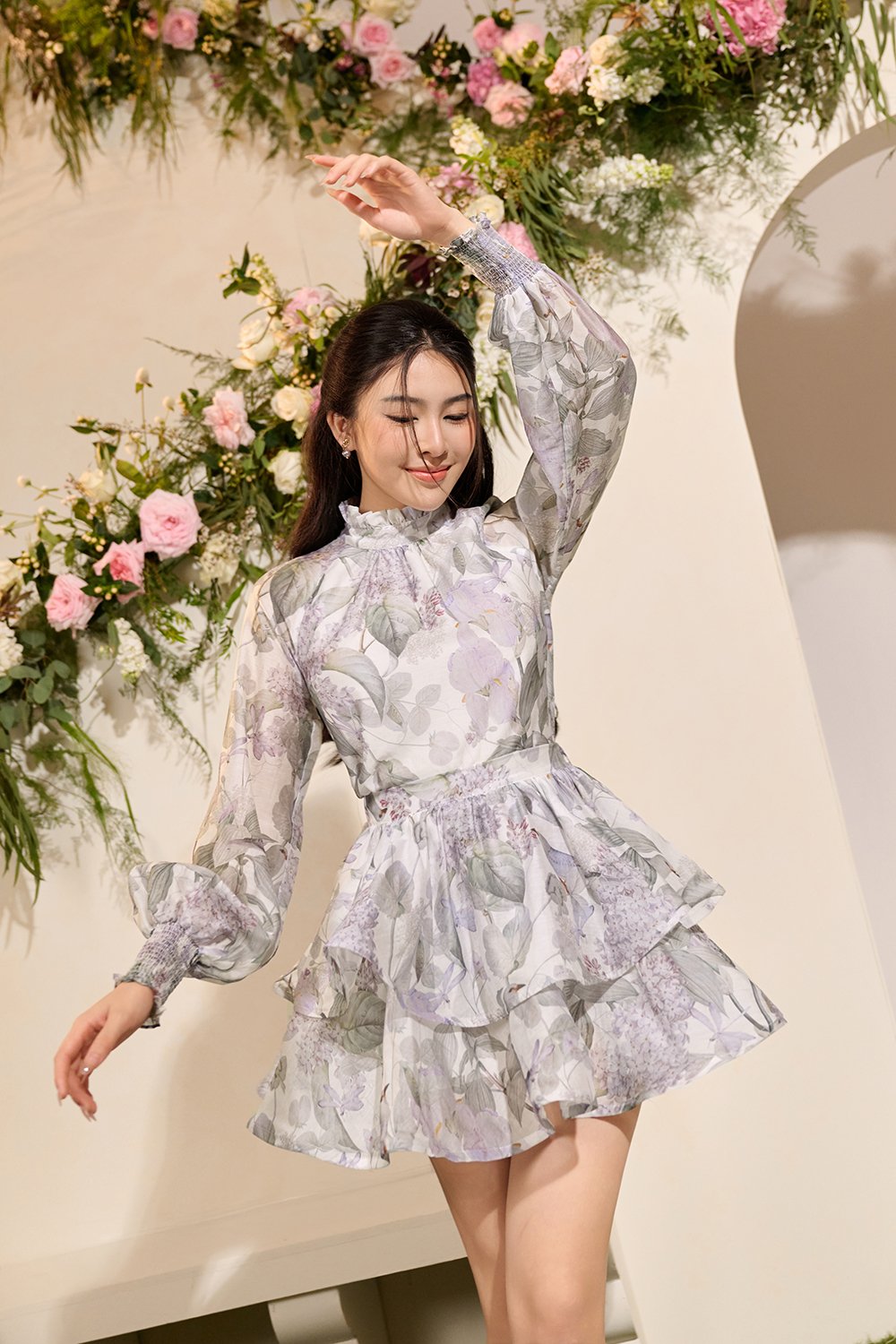 Corinne Tiered Mini Skirt in White Whispering Lilac Grove