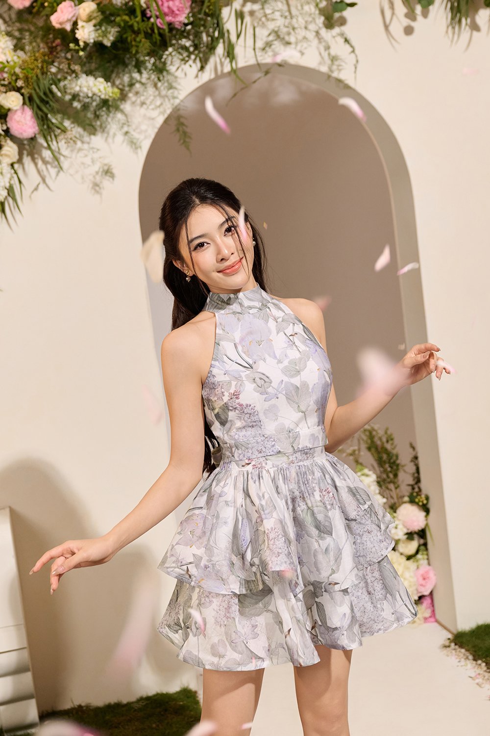 Corinne Tiered Mini Skirt in White Whispering Lilac Grove