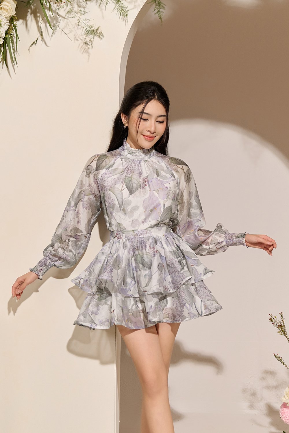 Corinne Tiered Mini Skirt in White Whispering Lilac Grove