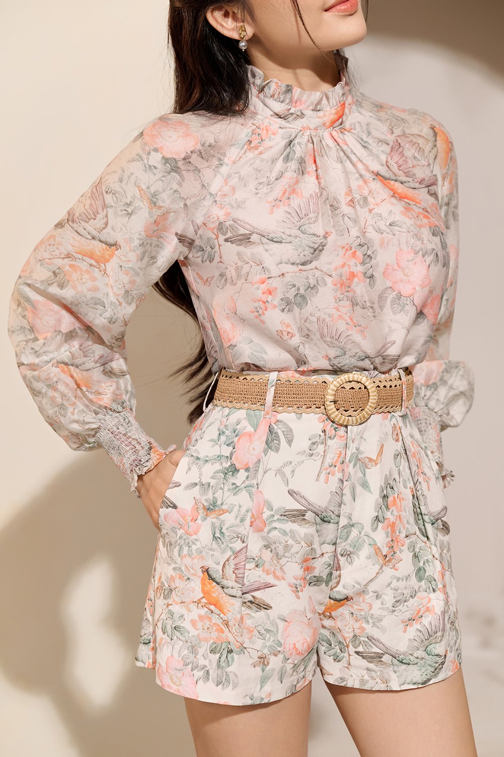 Evanthe Billowy Sleeves High Neck Top in Greige Songbird Symphony