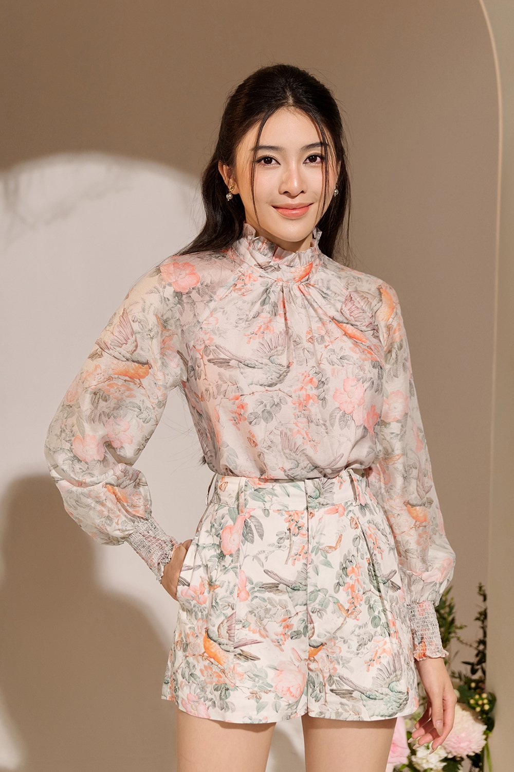 Evanthe Billowy Sleeves High Neck Top in Greige Songbird Symphony