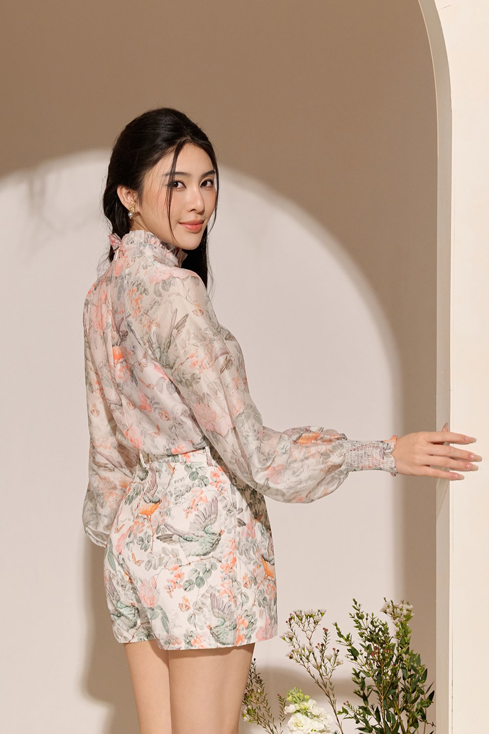 Evanthe Billowy Sleeves High Neck Top in Greige Songbird Symphony