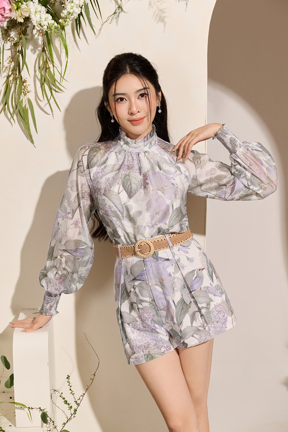 Evanthe Billowy Sleeves High Neck Top in White Whispering Lilac Grove