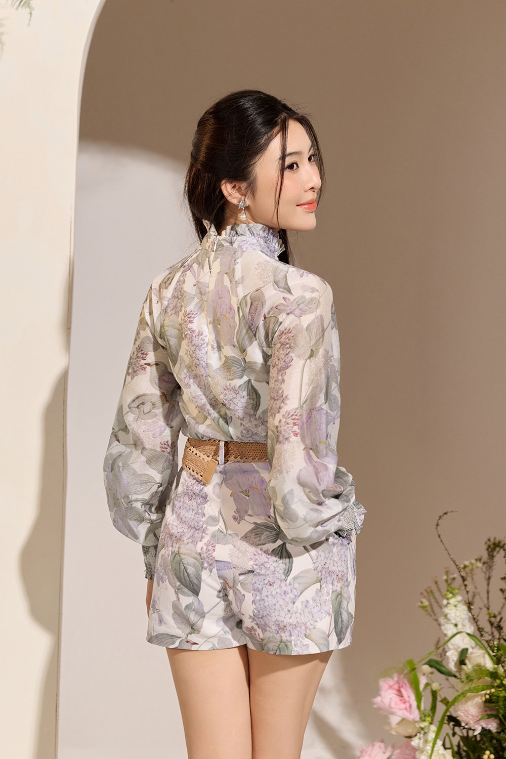 Evanthe Billowy Sleeves High Neck Top in White Whispering Lilac Grove