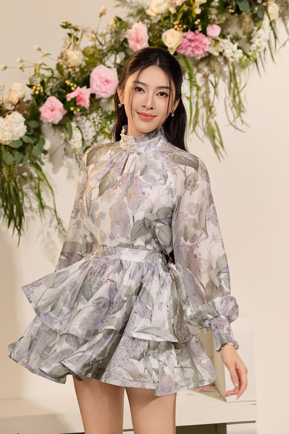 Evanthe Billowy Sleeves High Neck Top in White Whispering Lilac Grove