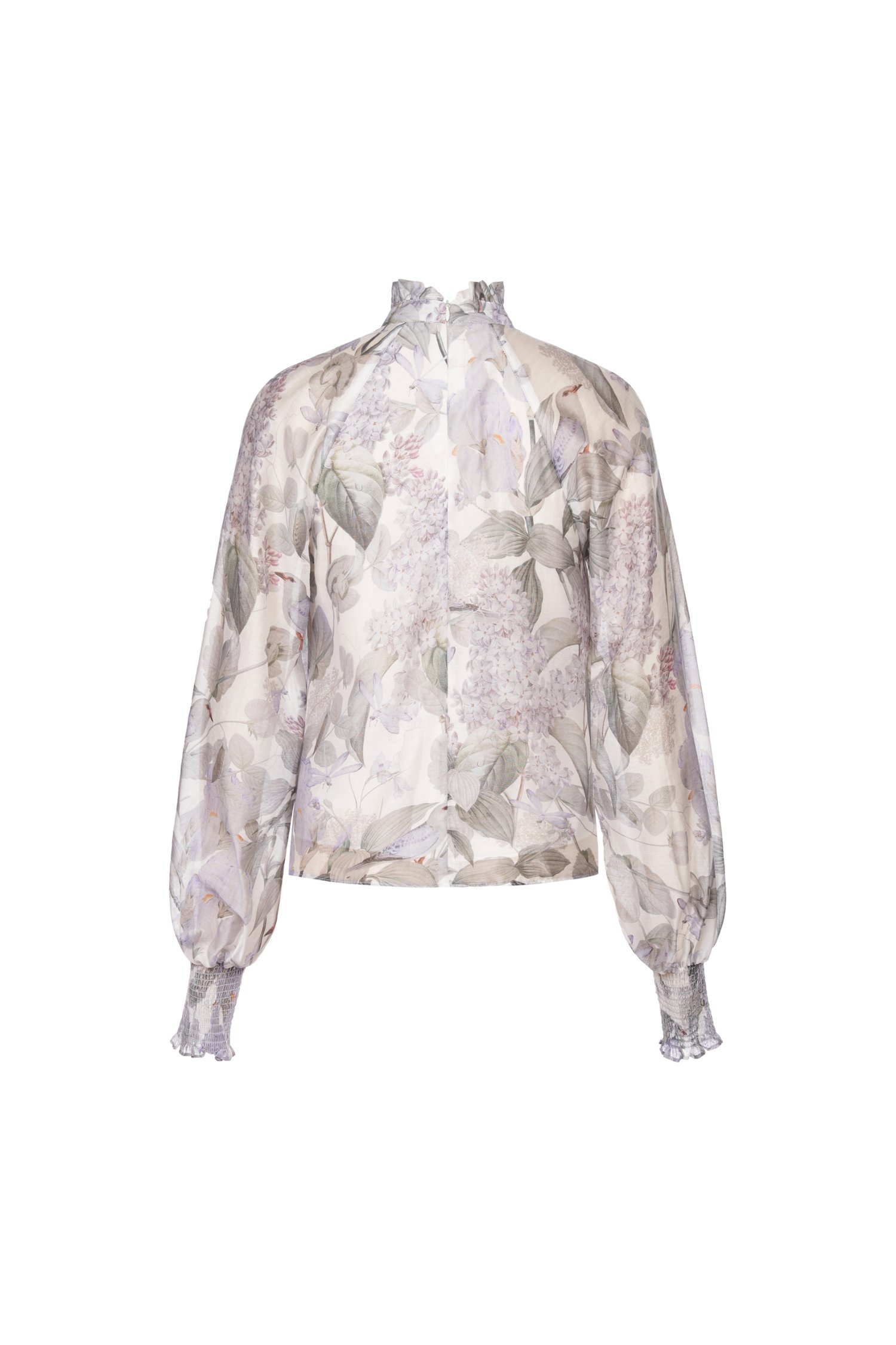 Evanthe Billowy Sleeves High Neck Top in White Whispering Lilac Grove