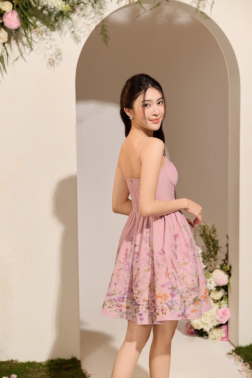 Floryn Ruched Bust Mini Dress in Blush Orchid Enchanted Pastures