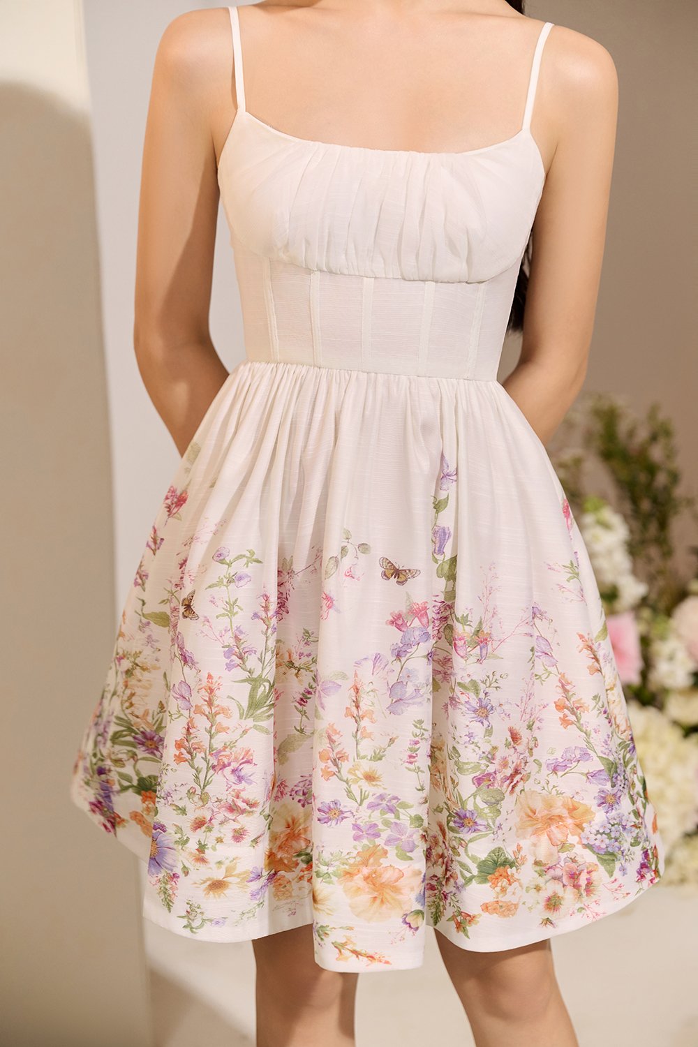 Floryn Ruched Bust Mini Dress in White Enchanted Pastures