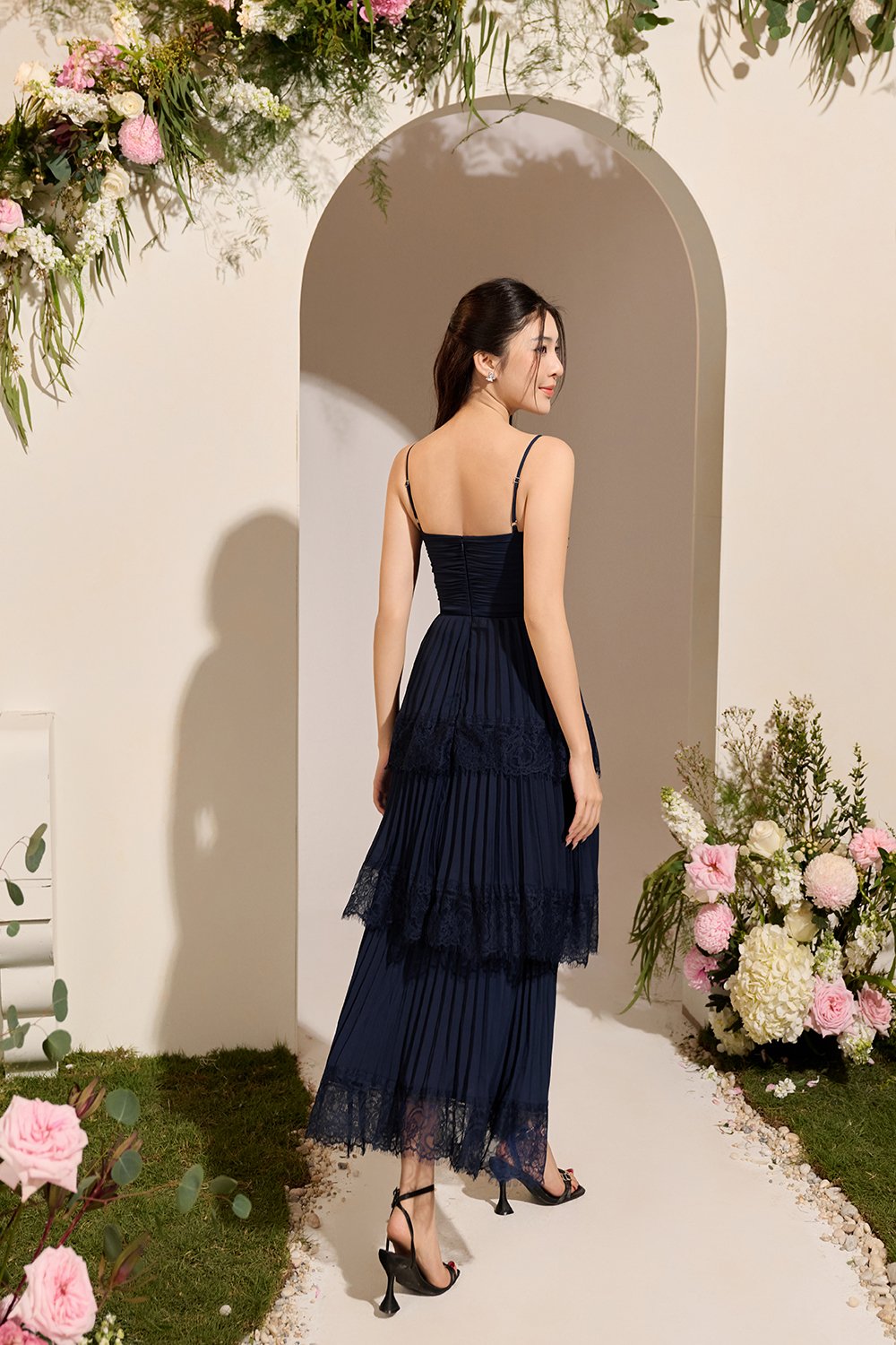 Hedley Pleated Tier Midi Dress in Navy Blue