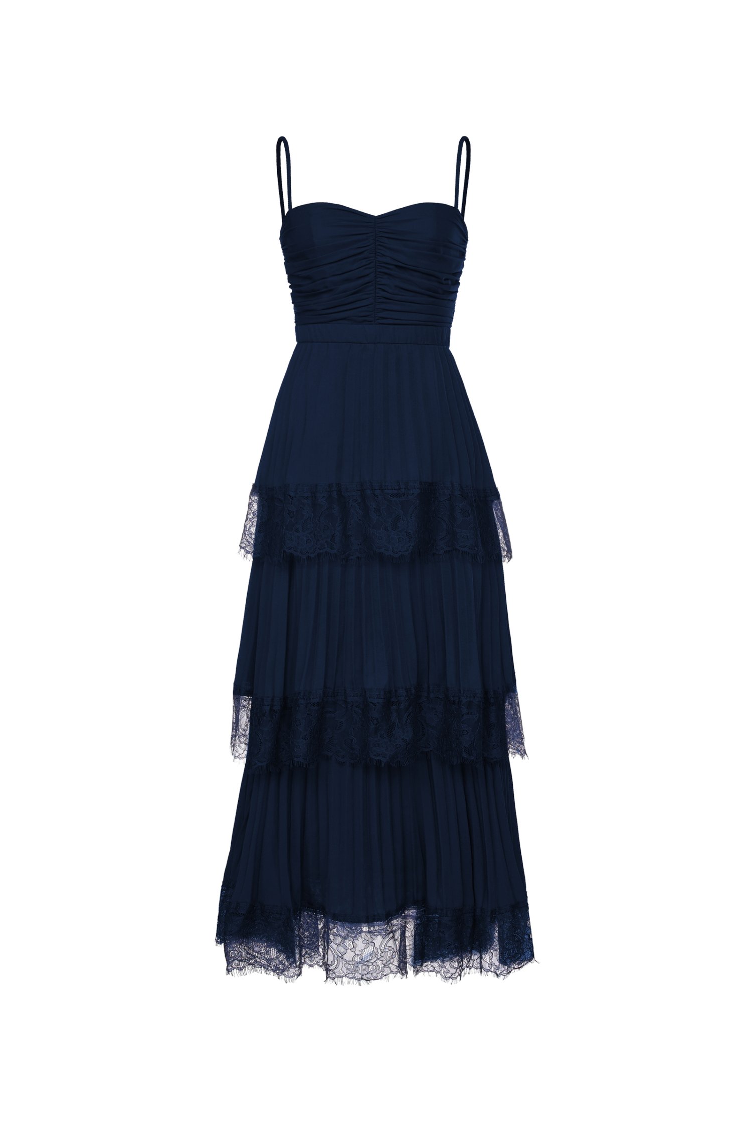 Hedley Pleated Tier Midi Dress in Navy Blue