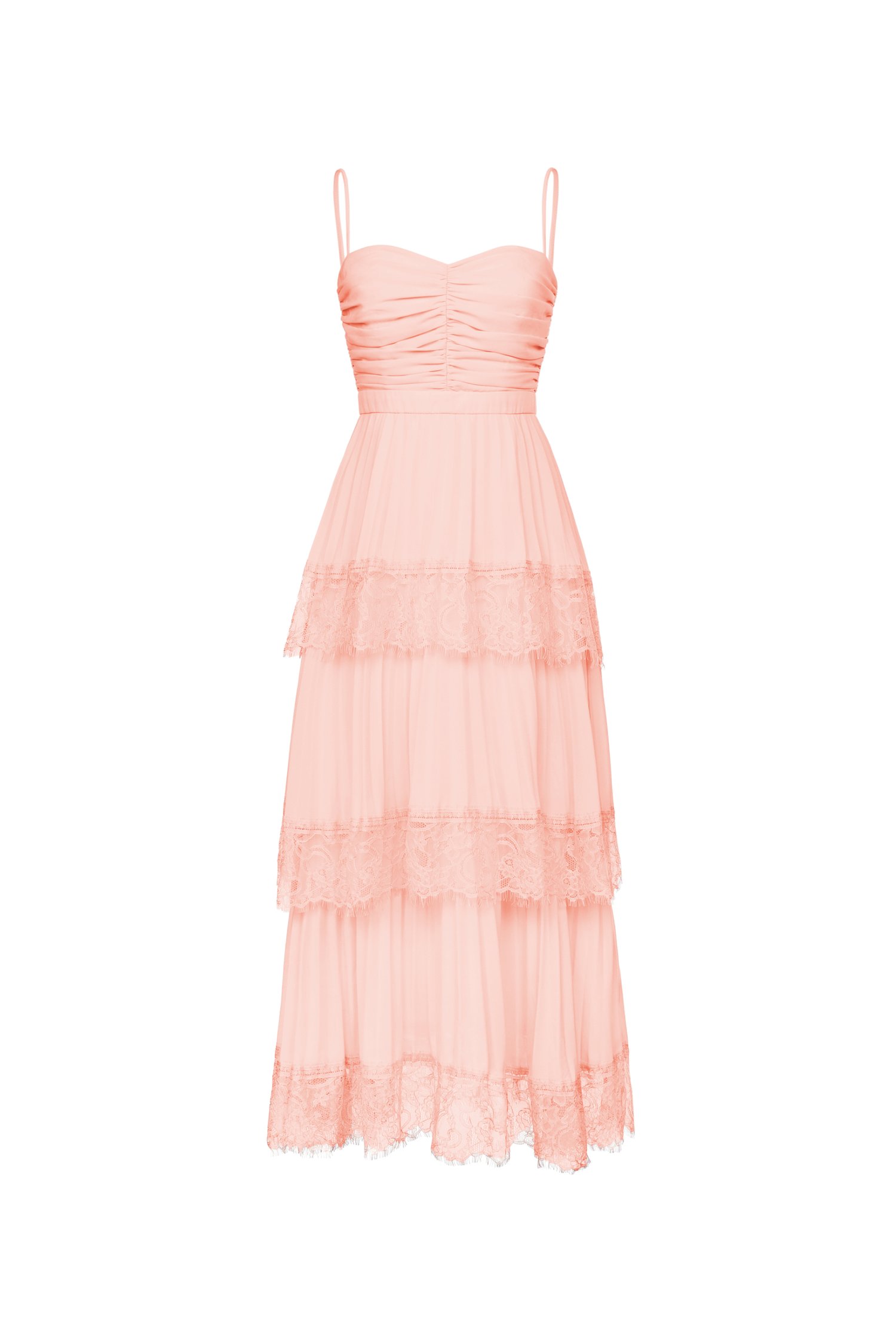 Hedley Pleated Tier Midi Dress in Peach Coral