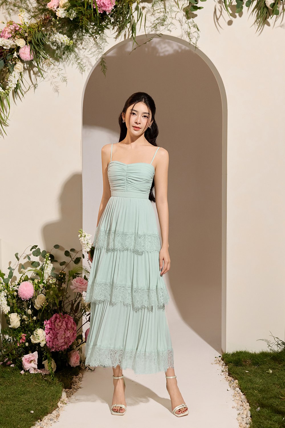 Hedley Pleated Tier Midi Dress in Sage Mint