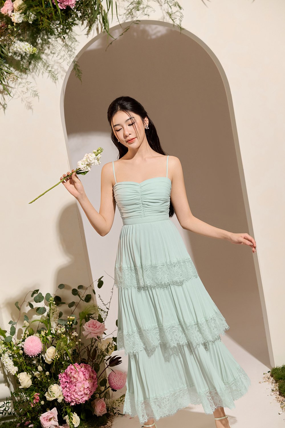 Hedley Pleated Tier Midi Dress in Sage Mint