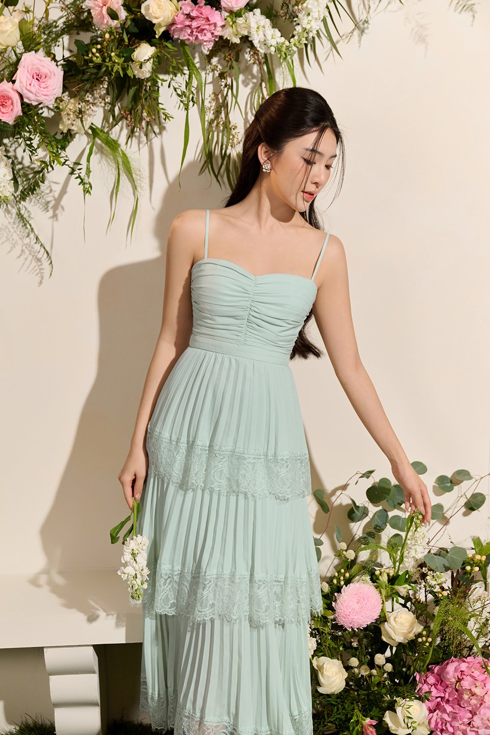 Hedley Pleated Tier Midi Dress in Sage Mint