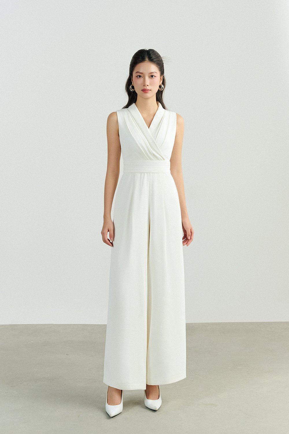 Jaxie Pleated V-Neckline Jumpsuit in Iconic White