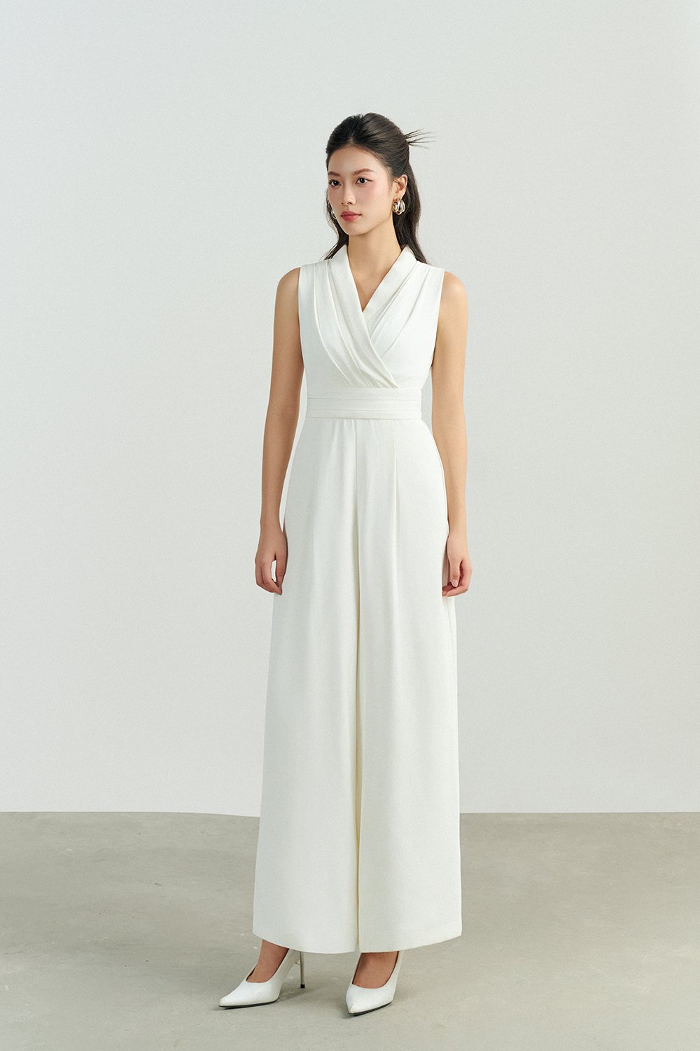 Jaxie Pleated V-Neckline Jumpsuit in Iconic White