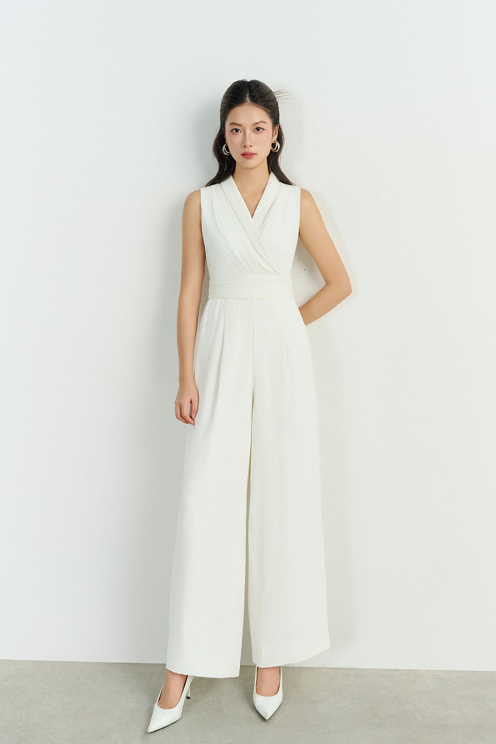 Jaxie Pleated V-Neckline Jumpsuit in Iconic White