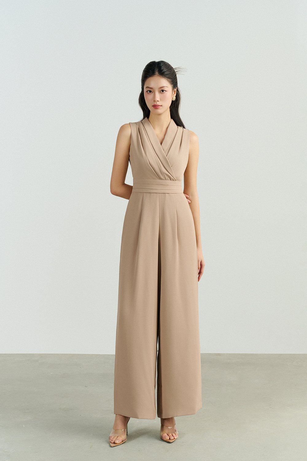 Jaxie Pleated V-Neckline Jumpsuit in Latte