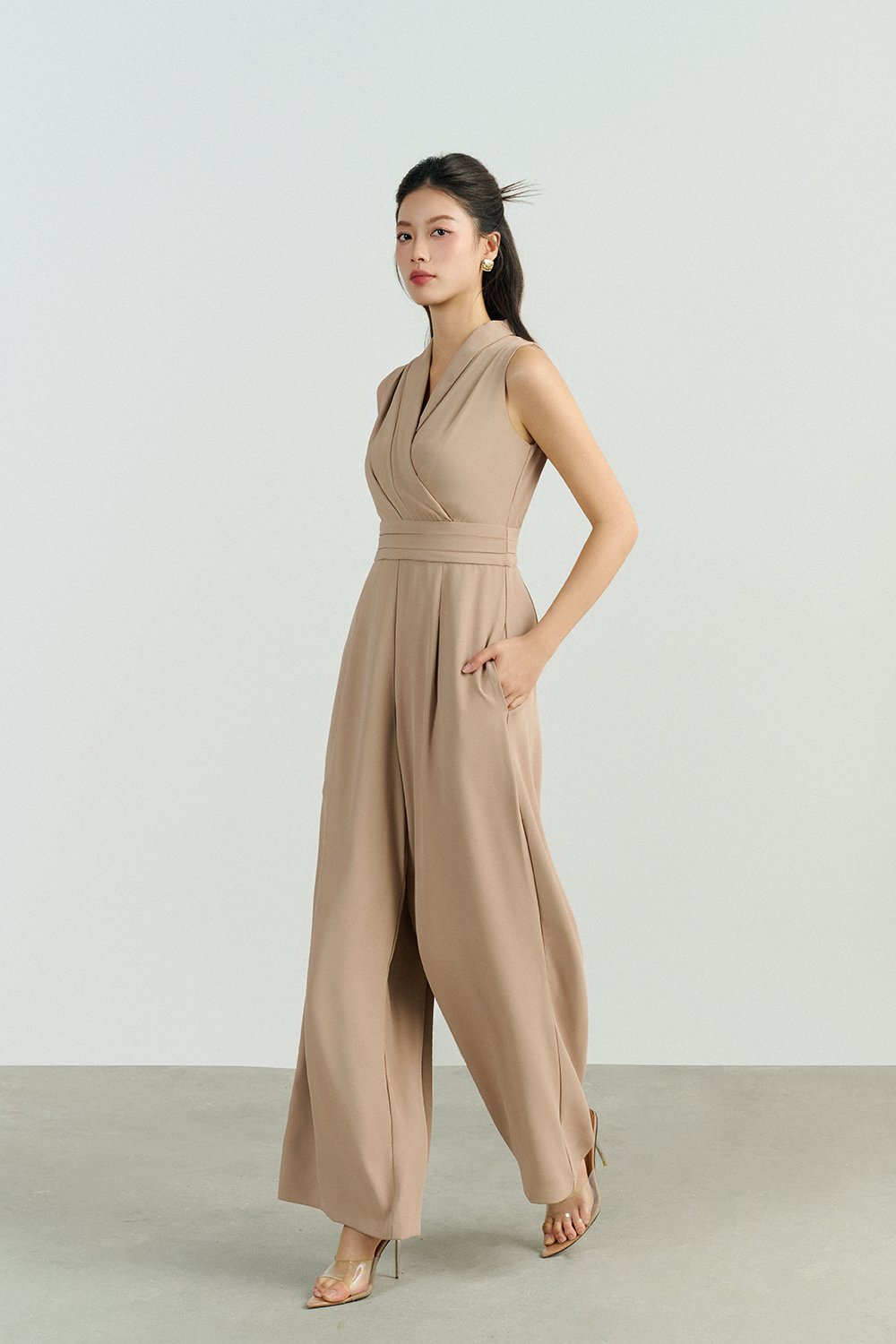 Jaxie Pleated V-Neckline Jumpsuit in Latte