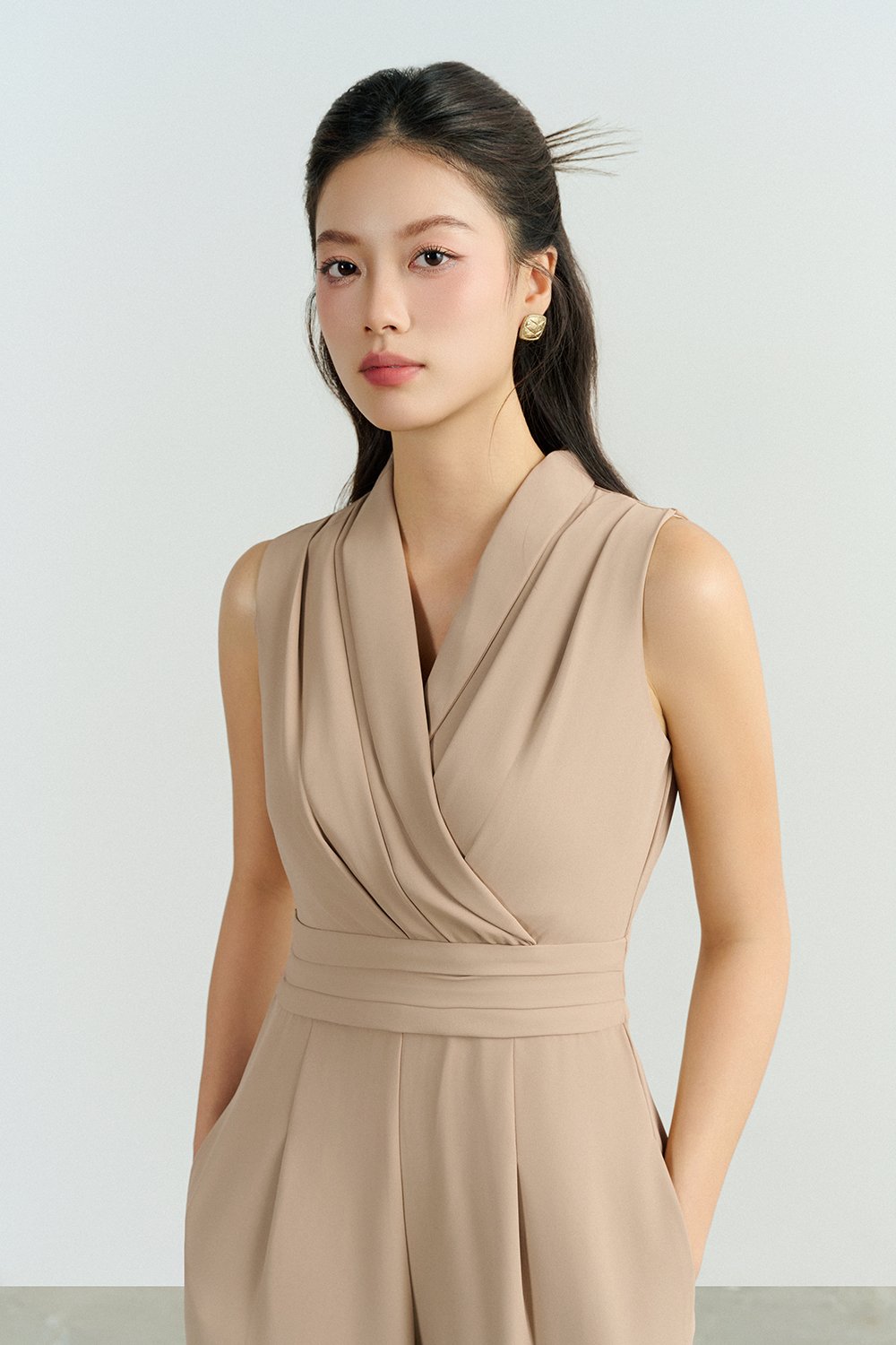 Jaxie Pleated V-Neckline Jumpsuit in Latte