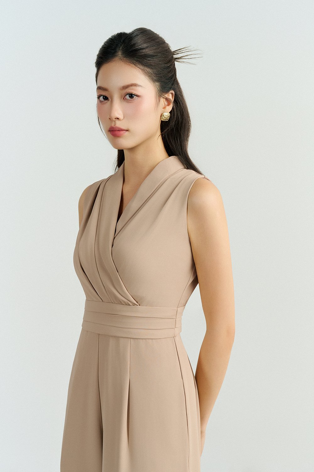 Jaxie Pleated V-Neckline Jumpsuit in Latte