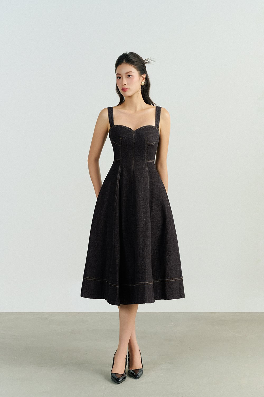 Mavis Bustier Denim Midi Dress in Black Denim