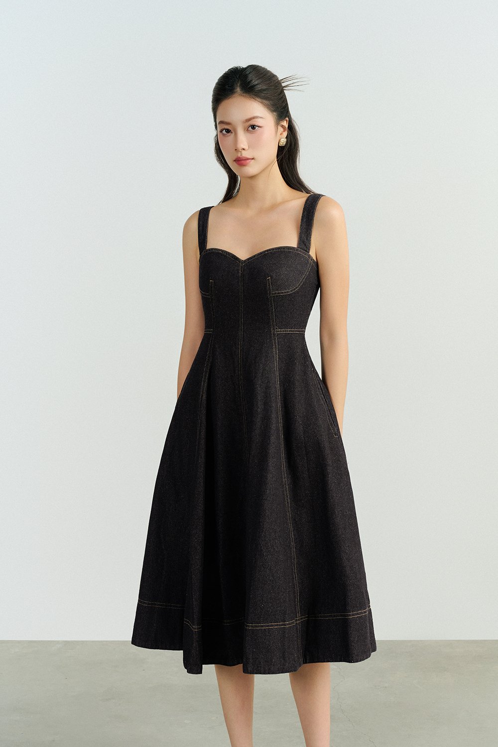 Mavis Bustier Denim Midi Dress in Black Denim