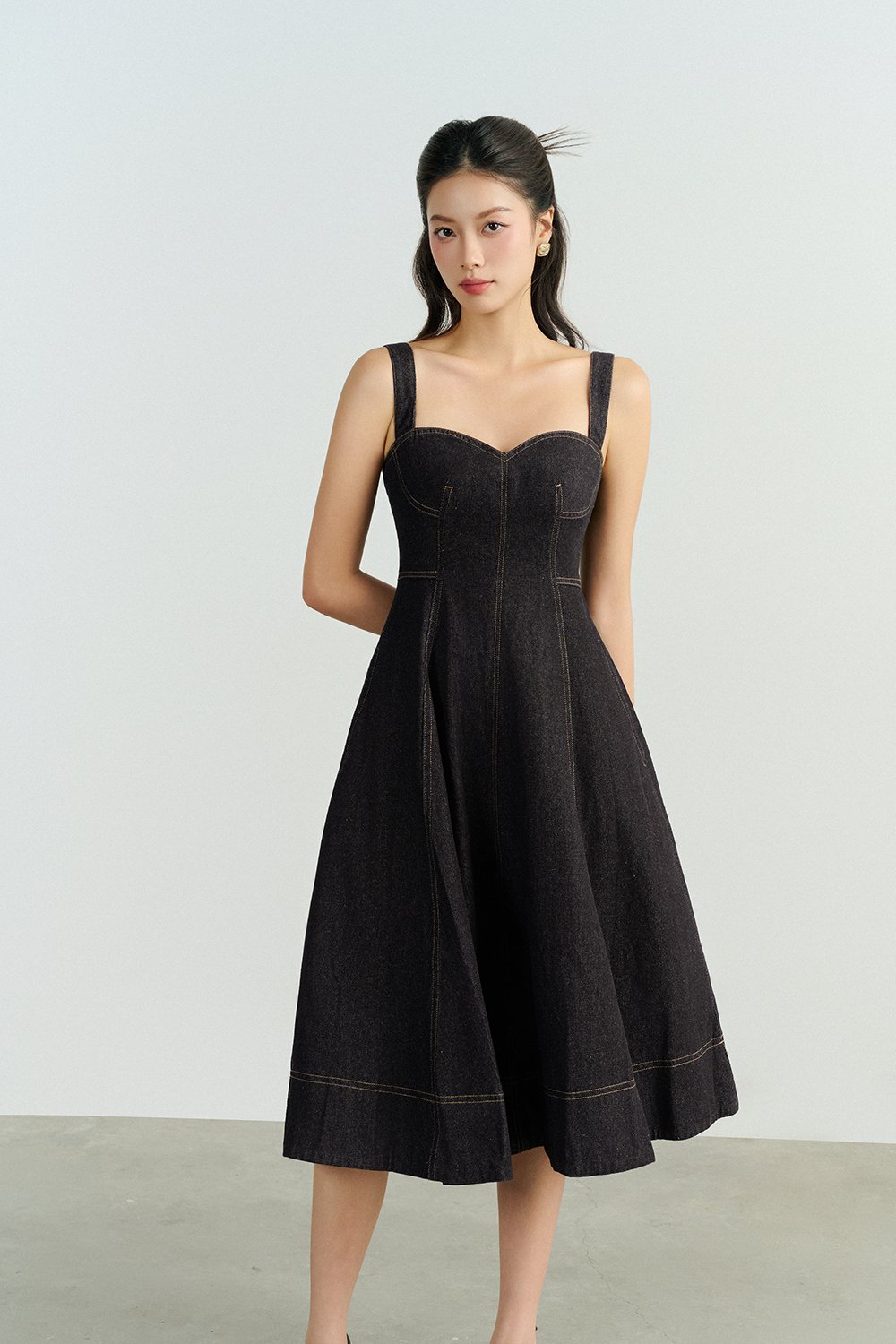 Mavis Bustier Denim Midi Dress in Black Denim