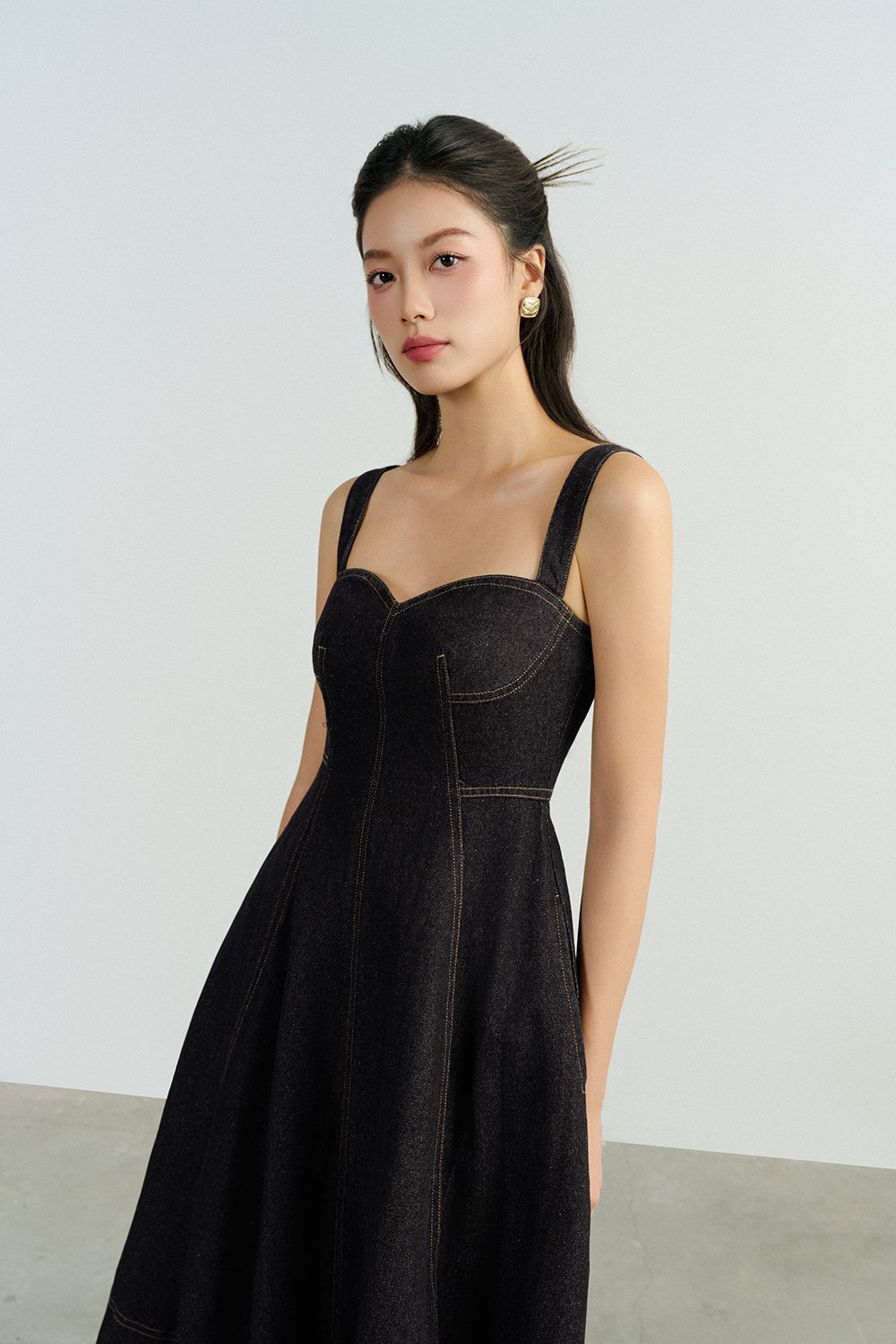 Mavis Bustier Denim Midi Dress in Black Denim