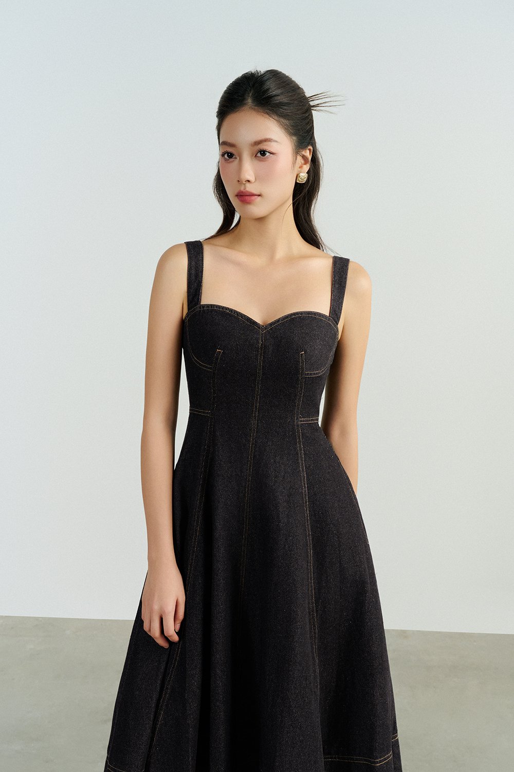 Mavis Bustier Denim Midi Dress in Black Denim