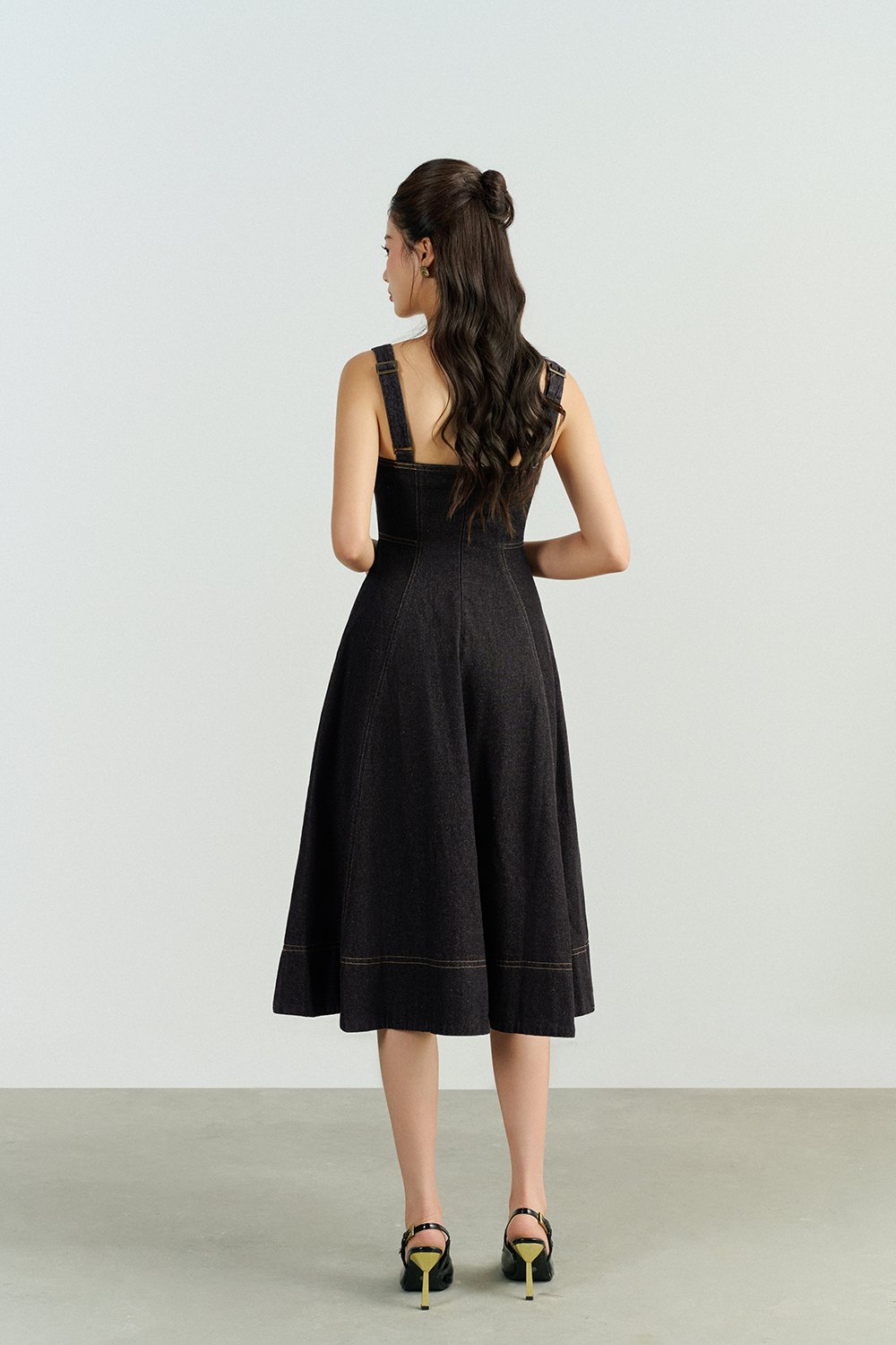 Mavis Bustier Denim Midi Dress in Black Denim